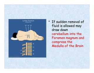 • If sudden removal of
fluid is allowed may
draw down
cerebellum into the
Foramen magnum and
compress the
Medulla of the Brain
 