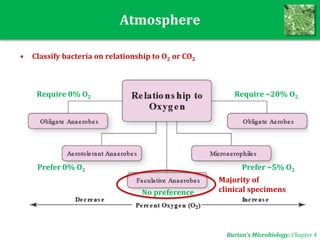 Atmosphere
• Classify bacteria on relationship to O2 or CO2
Burton’s Microbiology: Chapter 4
Require ~20% O2
Prefer ~5% O2
Require 0% O2
Prefer 0% O2
No preference
Majority of
clinical specimens
 