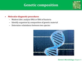Genetic composition
• Molecular diagnostic procedures
– Modern labs: analyze DNA or RNA of bacteria
– Identify organism by composition of genetic material
– Determine relatedness between two species
Burton’s Microbiology: Chapter 4
 