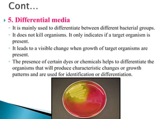  5. Differential media
◦ It is mainly used to differentiate between different bacterial groups.
◦ It does not kill organisms. It only indicates if a target organism is
present.
◦ It leads to a visible change when growth of target organisms are
present.
◦ The presence of certain dyes or chemicals helps to differentiate the
organisms that will produce characteristic changes or growth
patterns and are used for identification or differentiation.
 