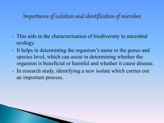  This aids in the characterization of biodiversity in microbial
ecology.
 It helps in determining the organism’s name to the genus and
species level, which can assist in determining whether the
organism is beneficial or harmful and whether it cause disease.
 In research study, identifying a new isolate which carries out
an important process.
 