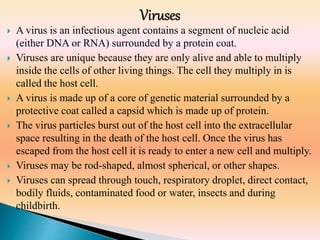  A virus is an infectious agent contains a segment of nucleic acid
(either DNA or RNA) surrounded by a protein coat.
 Viruses are unique because they are only alive and able to multiply
inside the cells of other living things. The cell they multiply in is
called the host cell.
 A virus is made up of a core of genetic material surrounded by a
protective coat called a capsid which is made up of protein.
 The virus particles burst out of the host cell into the extracellular
space resulting in the death of the host cell. Once the virus has
escaped from the host cell it is ready to enter a new cell and multiply.
 Viruses may be rod-shaped, almost spherical, or other shapes.
 Viruses can spread through touch, respiratory droplet, direct contact,
bodily fluids, contaminated food or water, insects and during
childbirth.
 