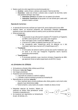 3

• Desde o punto de vista respiratorio as bacterias poden ser :
      • Aerobias : cando utilizan o osíxeno como aceptor final de electróns
      • Anaerobias : cando non utilizan o osíxeno como o aceptor de electróns, neste
         caso podemos distinguir dous tipos :
             • Anaerobias estritas se só poden vivir en ausencia de osíxeno
             • Anaerobias facultativas as que poden vivir sen osíxeno pero cando está
                presente tamén o utilizan

Reprodución bacteriana :

• A reprodución bacteriana realízase por bipartición, previa duplicación do seu ADN
• Ademais desto, as bacterias presentan uns mecanismos chamados parasexuais
  mediante os que intercambian material xenético entre os distintos individuos.
• Estes procesos son :
      • Conxugación :
             • É un proceso no que unha bacteria doadora (F+) transmite un fragmento
                de ADN a outra bacteria (F-) que actúa como receptora
             • Este intercambio faise a través dos fimbria ou pili
             • A bacteria (F+) teñen un plásmido mentres que a (F-) non o ten
             • Na conxugación pode transmitirse parte do plásmido ou a súa
                totalidade, neste caso a bacteria (F-) transfórmase en (F+)
      • Transdución :
             • O intercambio de material xenético precisa dun axente transmisor, que
                en xeral é un virus que transporta fragmentos doutra bacteria
                parasitada anteriormente.
      • Transformación :
             • É un proceso mediante o que a bacteria introduce fragmentos de ADN,
                que aparecen libres no medio (experimento de Grffith, Avery)



AS LEVADURAS OU LÉVEDOS

• As levaduras ou lévedos teñen células eucarióticas
• Pertencen ó reino dos Fungos
• Son fungos unicelulares
• Presentan nutrición heterótrofa
       • a súa fonte de carbono é a materia orgánica
       • e obteñen a enerxía mediante procesos de fermentación
• Reprodúcense en xeral por xemación :
       • Como resultado desta división prodúcese unha célula grande e outra moito máis
         pequena á que denominamos xema
       • Posteriormente a xema medra ata acadar o tamaño da célula orixinal

• Nalgunhas especies de levadura, despois da
  xemación as células fillas permanecen unidas
  formando un pseudomicelio
• As levaduras son importantes na fermentación
  do pan, da bebidas, etc..
 
