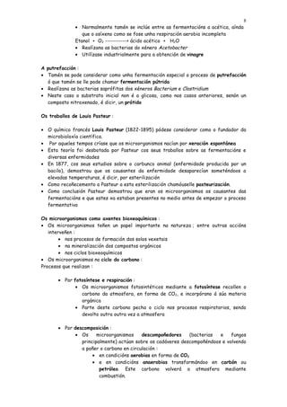 8
              • Normalmente tamén se inclúe entre as fermentacións a acética, aínda
                 que o osíxeno como se fose unha respiración aerobia incompleta
              Etanol + O2 -----------> ácido acético + H2O
              • Realízana as bacterias do xénero Acetobacter
              • Utilízase industrialmente para a obtención de vinagre

A putrefacción :
• Tamén se pode considerar como unha fermentación especial o proceso de putrefacción
  ó que tamén se lle pode chamar fermentación pútrida
• Realízana as bacterias saprófitas dos xéneros Bacterium e Clostridium
• Neste caso o substrato inicial non é a glicosa, como nos casos anteriores, senón un
  composto nitroxenado, é dicir, un prótido

Os traballos de Louis Pasteur :

• O químico francés Louis Pasteur (1822-1895) pódese considerar como o fundador da
  microbioloxía científica.
• Por aqueles tempos críase que os microorganismos nacían por xeración espontánea
• Esta teoría foi desbotada por Pasteur cos seus traballos sobre as fermentacións e
  diversas enfermidades
• En 1877, cos seus estudios sobre o carbunco animal (enfermidade producida por un
  bacilo), demostrou que os causantes da enfermidade desaparecían someténdoos a
  elevadas temperaturas, é dicir, por esterilización
• Como recoñecemento a Pasteur a esta esterilización chamóuselle pasteurización.
• Como conclusión Pasteur demostrou que eran os microorganismos os causantes das
  fermentacións e que estes xa estaban presentes no medio antes de empezar o proceso
  fermentativo

Os microorganismos como axentes bioxeoquímicos :
• Os microorganismos teñen un papel importante na natureza ; entre outras accións
   interveñen :
        • nos procesos de formación dos solos vexetais
        • na mineralización dos compostos orgánicos
        • nos ciclos bioxeoquímicos
• Os microorganismos no ciclo do carbono :
Procesos que realizan :

       • Por fotosíntese e respiración :
              • Os microorganismos fotosintéticos mediante a fotosíntese recollen o
                carbono da atmosfera, en forma de CO2, e incorpórano á súa materia
                orgánica
              • Parte deste carbono pecha o ciclo nos procesos respiratorios, sendo
                devolto outra outra vez a atmosfera

       • Por descomposición :
             • Os      microorganismos    descompoñedores     (bacterias e    fungos
                principalmente) actúan sobre os cadáveres descompoñéndoos e volvendo
                a poñer o carbono en circulación :
                     • en condicións aerobias en forma de CO2
                     • e en condicións anaerobias transformándoo en carbón ou
                        petróleo. Este carbono volverá a atmosfera mediante
                        combustión.
 