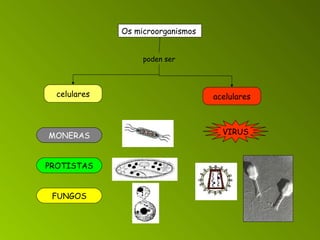 Os microorganismos poden ser celulares acelulares MONERAS PROTISTAS FUNGOS VIRUS 