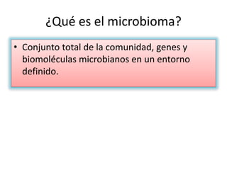 ¿Qué es el microbioma?
• Conjunto total de la comunidad, genes y
biomoléculas microbianos en un entorno
definido.
 