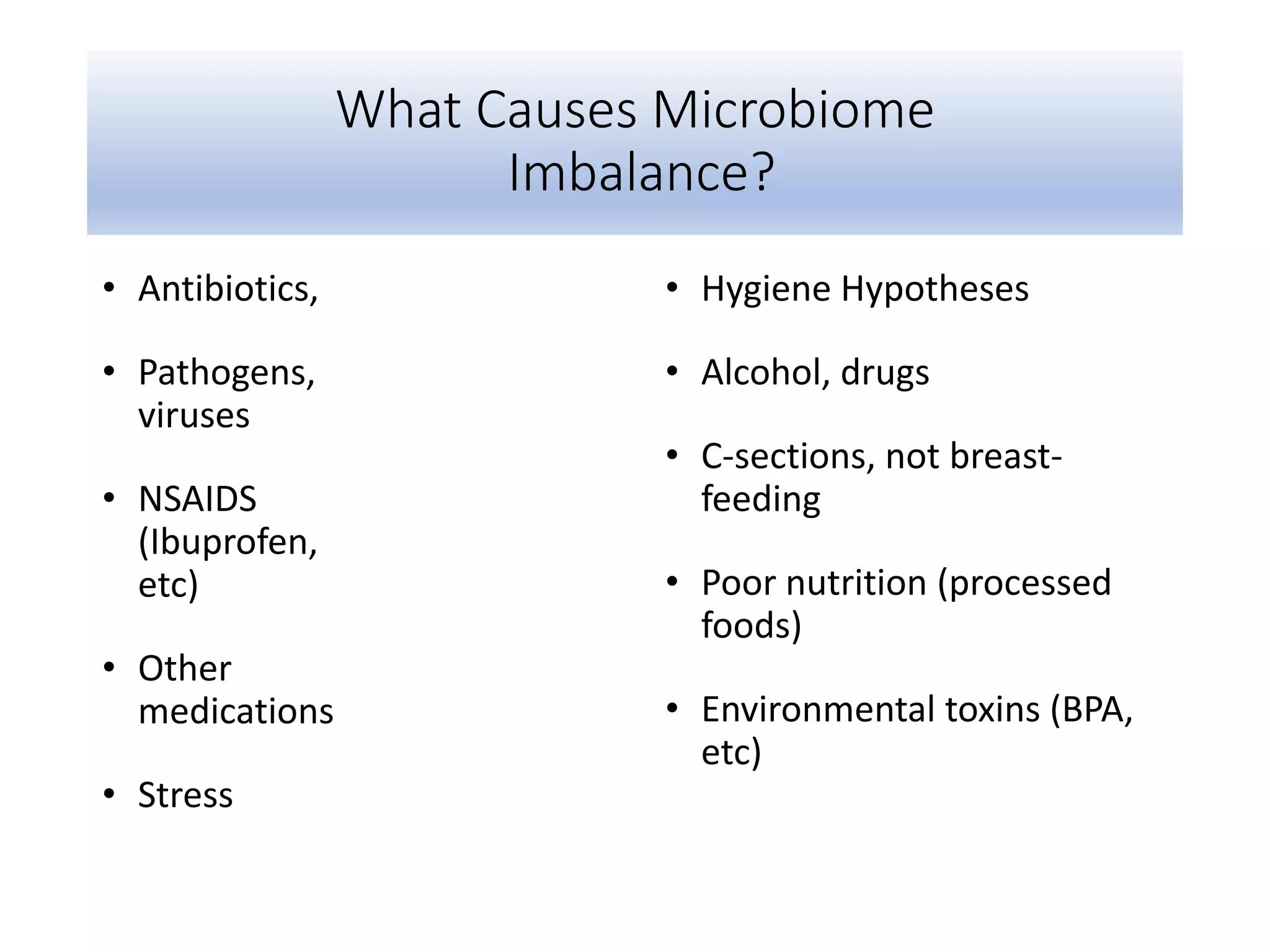 What Causes Microbiome
Imbalance?
• Antibiotics,
• Pathogens,
viruses
• NSAIDS
(Ibuprofen,
etc)
• Other
medications
• Stress
• Hygiene Hypotheses
• Alcohol, drugs
• C-sections, not breast-
feeding
• Poor nutrition (processed
foods)
• Environmental toxins (BPA,
etc)
 