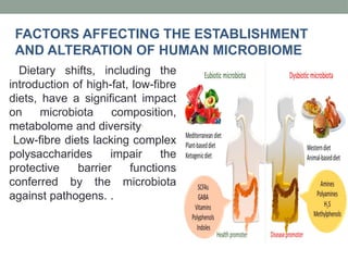 Dietary shifts, including the
introduction of high-fat, low-fibre
diets, have a significant impact
on microbiota composition,
metabolome and diversity.
Low-fibre diets lacking complex
polysaccharides impair the
protective barrier functions
conferred by the microbiota
against pathogens. .
FACTORS AFFECTING THE ESTABLISHMENT
AND ALTERATION OF HUMAN MICROBIOME
 