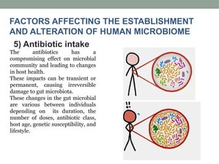 FACTORS AFFECTING THE ESTABLISHMENT
AND ALTERATION OF HUMAN MICROBIOME
5) Antibiotic intake
The antibiotics has a
compromising effect on microbial
community and leading to changes
in host health.
These impacts can be transient or
permanent, causing irreversible
damage to gut microbiota.
These changes in the gut microbial
are various between individuals
depending on its duration, the
number of doses, antibiotic class,
host age, genetic susceptibility, and
lifestyle.
 