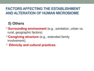 Surrounding environment (e.g., sanitation, urban vs.
rural, geographic factors)
Caregiving structure (e.g., extended family
involvement).
 Ethnicity and cultural practices.
FACTORS AFFECTING THE ESTABLISHMENT
AND ALTERATION OF HUMAN MICROBIOME
5) Others
 