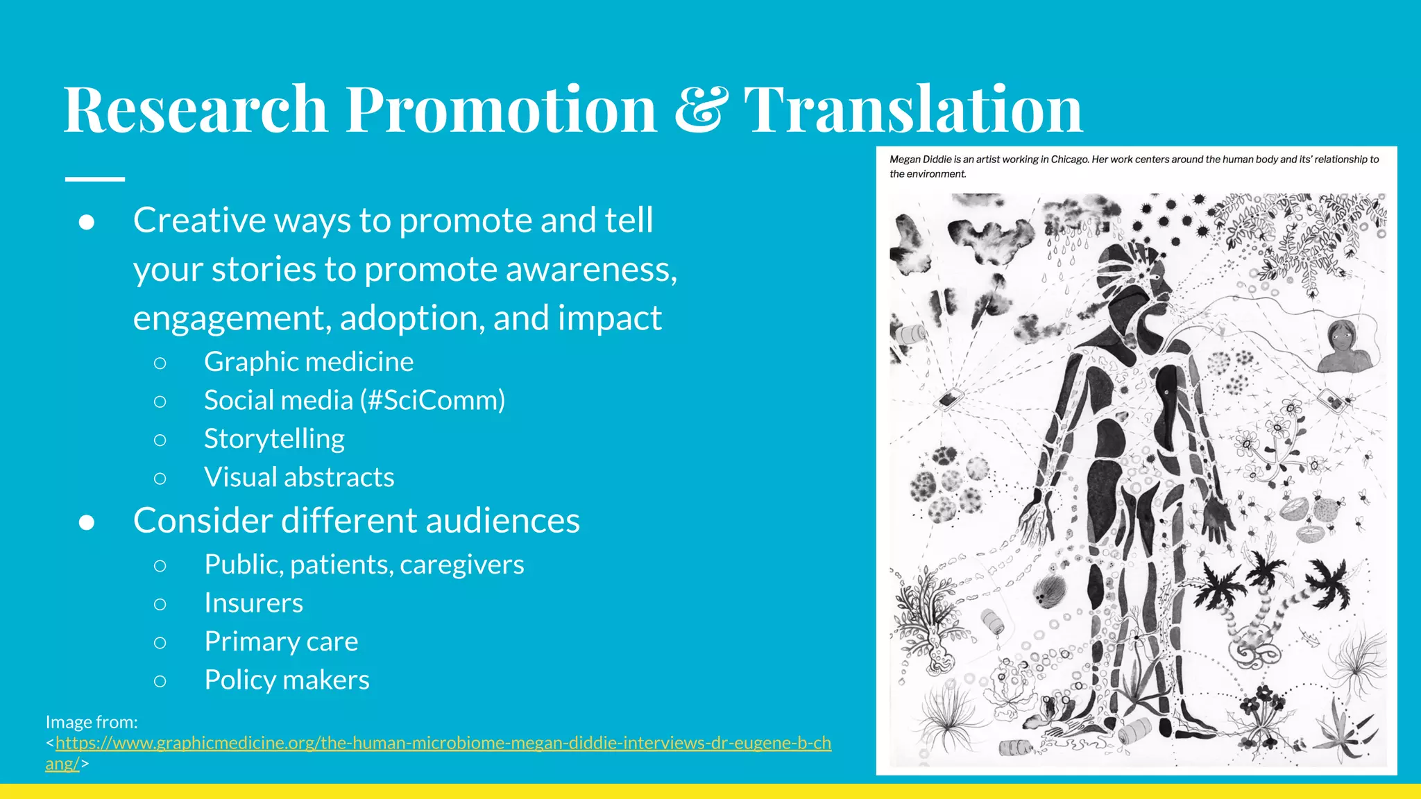 Research Promotion & Translation
● Creative ways to promote and tell
your stories to promote awareness,
engagement, adoption, and impact
○ Graphic medicine
○ Social media (#SciComm)
○ Storytelling
○ Visual abstracts
● Consider different audiences
○ Public, patients, caregivers
○ Insurers
○ Primary care
○ Policy makers
Image from:
<https://www.graphicmedicine.org/the-human-microbiome-megan-diddie-interviews-dr-eugene-b-ch
ang/>
 