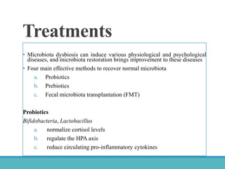 Treatments
• Microbiota dysbiosis can induce various physiological and psychological
diseases, and microbiota restoration brings improvement to these diseases
• Four main effective methods to recover normal microbiota
a. Probiotics
b. Prebiotics
c. Fecal microbiota transplantation (FMT)
Probiotics
Bifidobacteria, Lactobacillus
a. normalize cortisol levels
b. regulate the HPA axis
c. reduce circulating pro-inflammatory cytokines
 