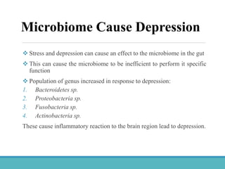 Microbiome Cause Depression
 Stress and depression can cause an effect to the microbiome in the gut
 This can cause the microbiome to be inefficient to perform it specific
function
 Population of genus increased in response to depression:
1. Bacteroidetes sp.
2. Proteobacteria sp.
3. Fusobacteria sp.
4. Actinobacteria sp.
These cause inflammatory reaction to the brain region lead to depression.
 