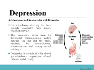 Depression
Winter et al., 2018
 Gut microbiome diversity has been
strongly associated with mood-
relating behaviors
 This association stems from bi-
directional communication system
between the gut and the brain,
mediated by neuro-immune,
neuroendocrine and sensory neural
pathways.
 Depression is associated with altered
gut microbiota composition, reduced
richness and diversity.
A. Microbiome and its association with Depression
 