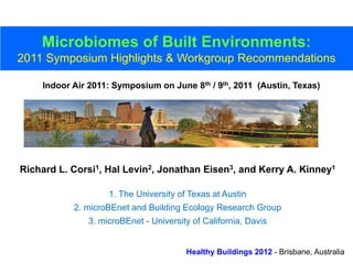 Microbiomes of Built Environments:
2011 Symposium Highlights & Workgroup Recommendations

    Indoor Air 2011: Symposium on June 8th / 9th, 2011 (Austin, Texas)– 9,




Richard L. Corsi1, Hal Levin2, Jonathan Eisen3, and Kerry A. Kinney1

                   1. The University of Texas at Austin
           2. microBEnet and Building Ecology Research Group
              3. microBEnet - University of California, Davis


                                       Healthy Buildings 2012 - Brisbane, Australia
 