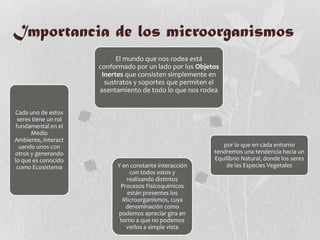 Importancia de los microorganismos
El mundo que nos rodea está
conformado por un lado por los Objetos
Inertes que consisten simplemente en
sustratos y soportes que permiten el
asentamiento de todo lo que nos rodea
por lo que en cada entorno
tendremos una tendencia hacia un
Equilibrio Natural, donde los seres
de las Especies VegetalesY en constante interacción
con todos estos y
realizando distintos
Procesos Fisicoquímicos
están presentes los
Microorganismos, cuya
denominación como
podemos apreciar gira en
torno a que no podemos
verlos a simple vista
Cada uno de estos
seres tiene un rol
fundamental en el
Medio
Ambiente, interact
uando unos con
otros y generando
lo que es conocido
como Ecosistema
 