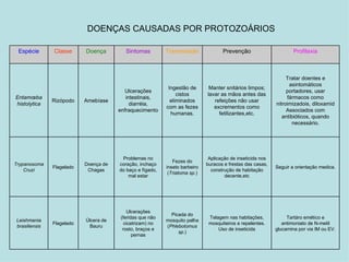 DOENÇAS CAUSADAS POR PROTOZOÁRIOS Tartáro emético e antimoniato de N-metil glucamina por via IM ou EV. Telagem nas habitações, mosquiteiros e repelentes. Uso de inseticida Picada do mosquito palha ( Phlebotomus sp. ) Ulcerações (feridas que não cicatrizam) no rosto, braços e pernas Úlcera de Bauru Flagelado Leishmania brasiliensis Seguir a orientação medica. Aplicação de inseticida nos buracos e frestas das casas, construção de habitação decente,etc Fezes do inseto barbeiro ( Triatoma sp. ) Problemas no coração, inchaço do baço e fígado, mal estar Doença de Chagas Flagelado Trypanosoma Cruzi Tratar doentes e asintomáticos portadores, usar fármacos como nitroimizadois, diloxamid Associados com antibióticos, quando necessário. Manter snitários limpos; lavar as mãos antes das refeições não usar excrementos como fetilizantes,etc. Ingestão de cistos eliminados com as fezes humanas. Ulcerações intestinais, diarréia, enfraquecimento Amebíase Rizópodo Entamœba histolytica Profilaxia Prevenção Transmissão Sintomas Doença Classe Espécie 