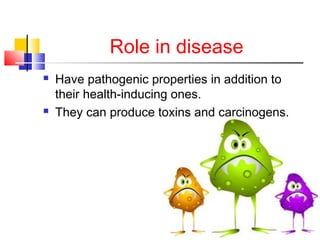 Role in disease
 Have pathogenic properties in addition to
their health-inducing ones.
 They can produce toxins and carcinogens.
 