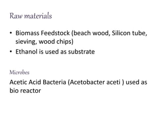 Raw materials
• Biomass Feedstock (beach wood, Silicon tube,
sieving, wood chips)
• Ethanol is used as substrate
Microbes
Acetic Acid Bacteria (Acetobacter aceti ) used as
bio reactor
 