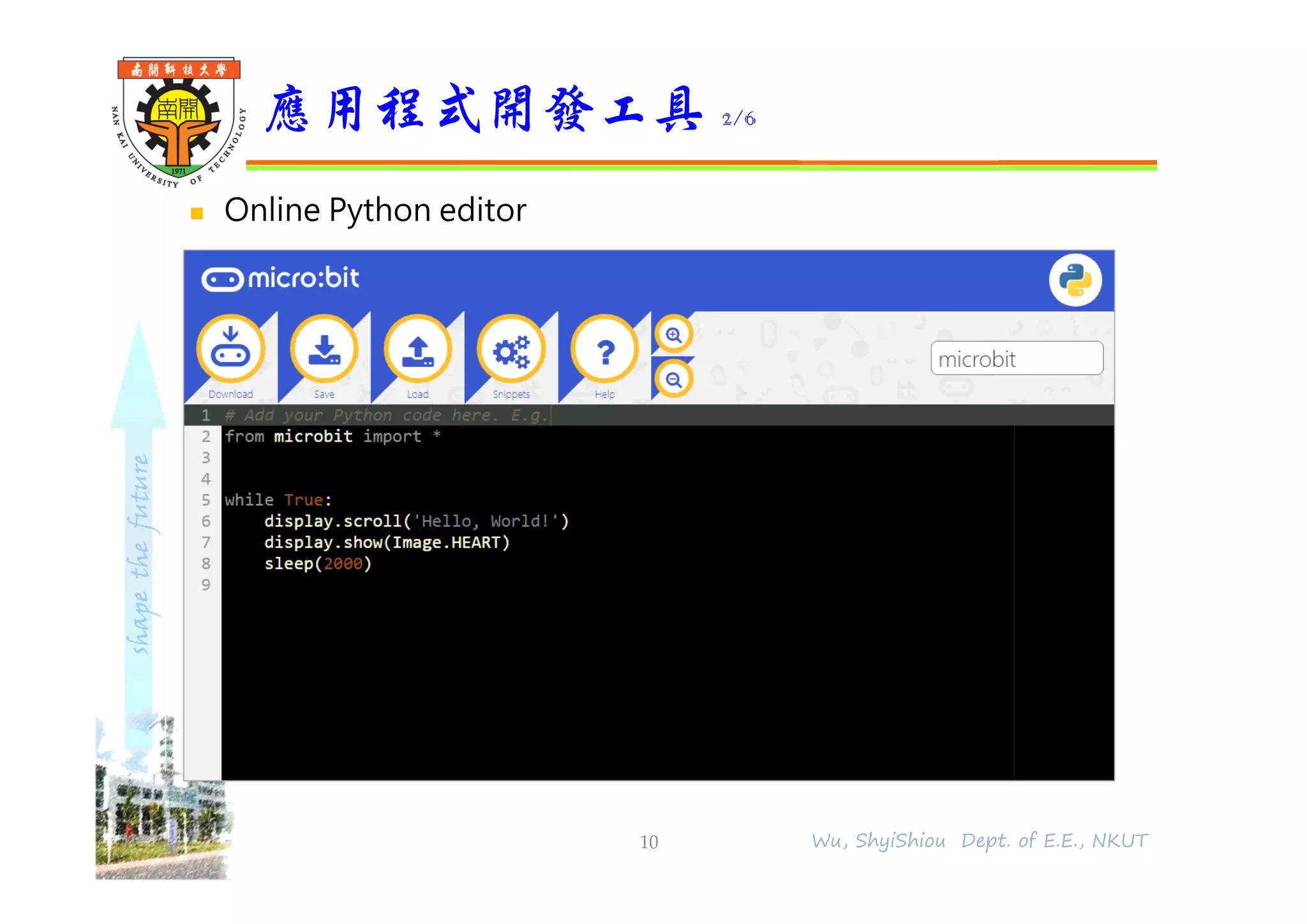 shapethefuture
 Online Python editor
應用程式開發工具 2/6
10 Wu, ShyiShiou Dept. of E.E., NKUT
 