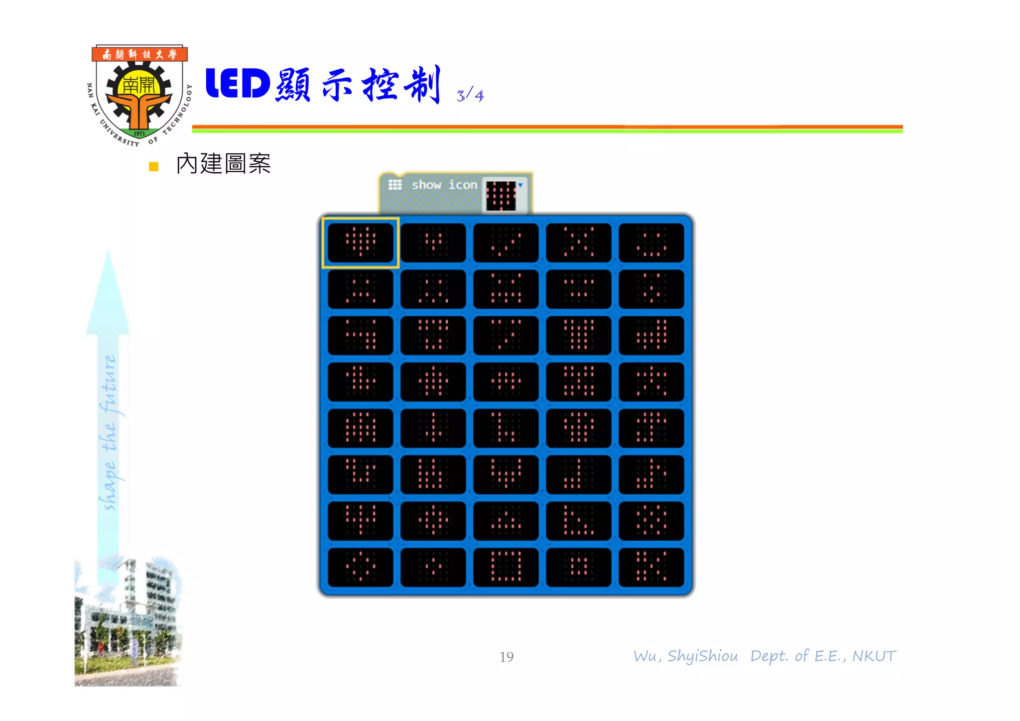shapethefuture
 內建圖案
LED顯示控制 3/4
19 Wu, ShyiShiou Dept. of E.E., NKUT
 