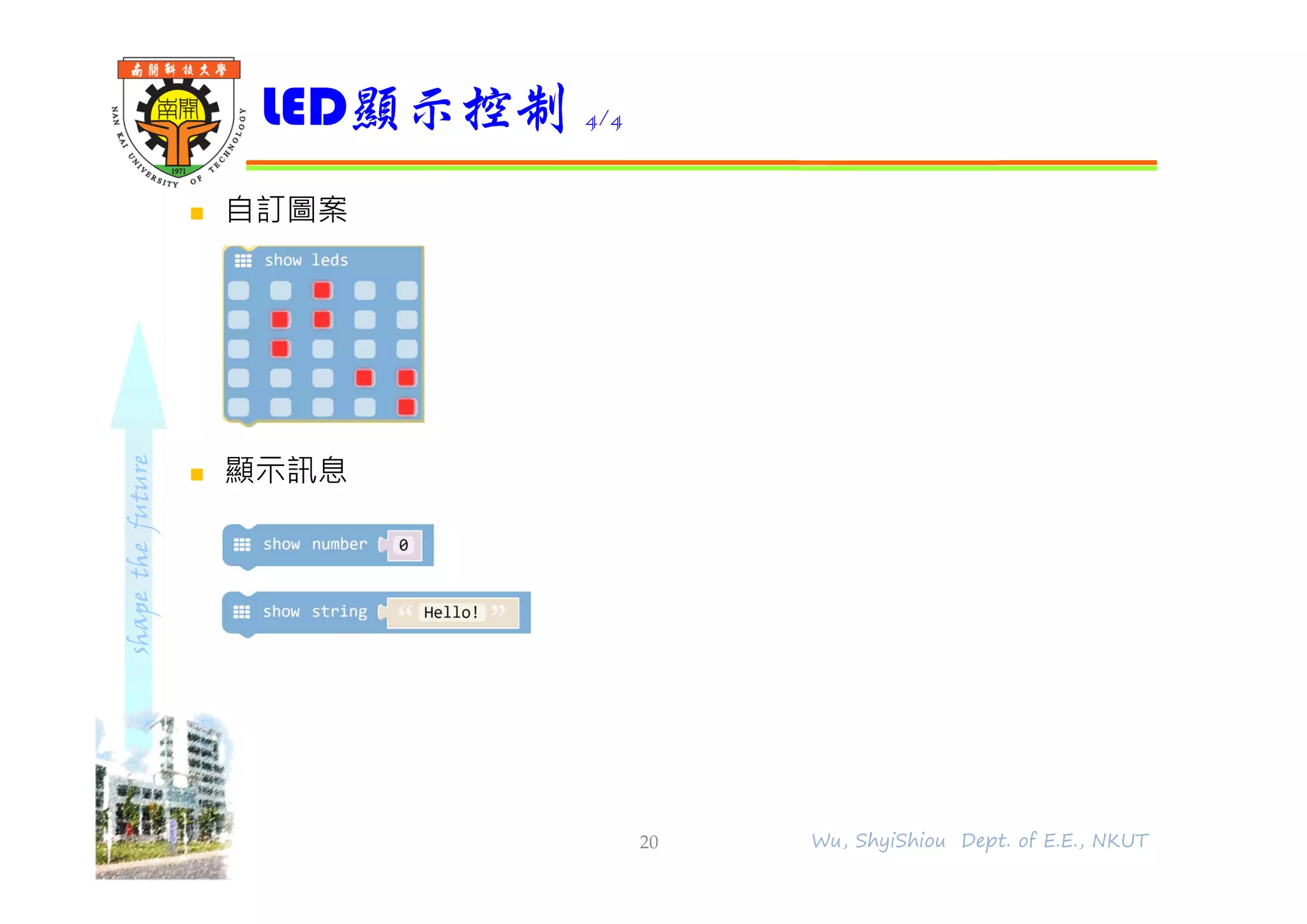 shapethefuture
 自訂圖案
 顯示訊息
LED顯示控制 4/4
20 Wu, ShyiShiou Dept. of E.E., NKUT
 