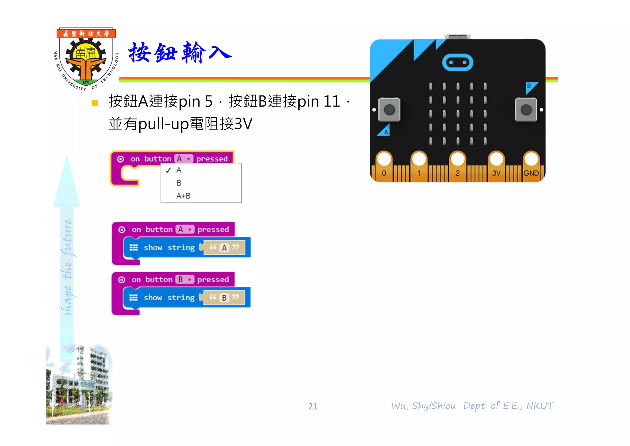 shapethefuture
 按鈕A連接pin 5，按鈕B連接pin 11，
並有pull-up電阻接3V
按鈕輸入
21 Wu, ShyiShiou Dept. of E.E., NKUT
 