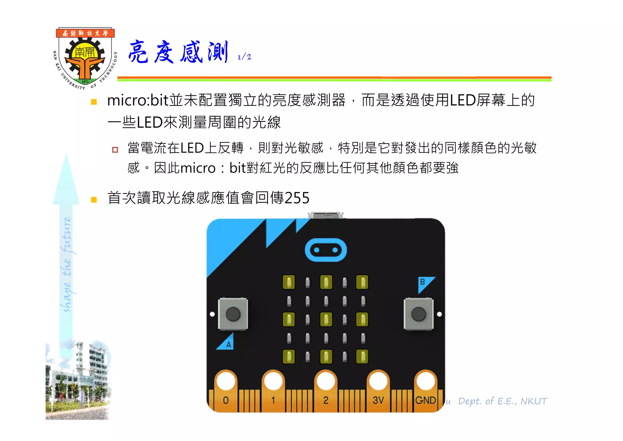 shapethefuture
 micro:bit並未配置獨立的亮度感測器，而是透過使用LED屏幕上的
⼀些LED來測量周圍的光線
 當電流在LED上反轉，則對光敏感，特別是它對發出的同樣顏色的光敏
感。因此micro：bit對紅光的反應比任何其他顏色都要強
 首次讀取光線感應值會回傳255
亮度感測 1/2
25 Wu, ShyiShiou Dept. of E.E., NKUT
 