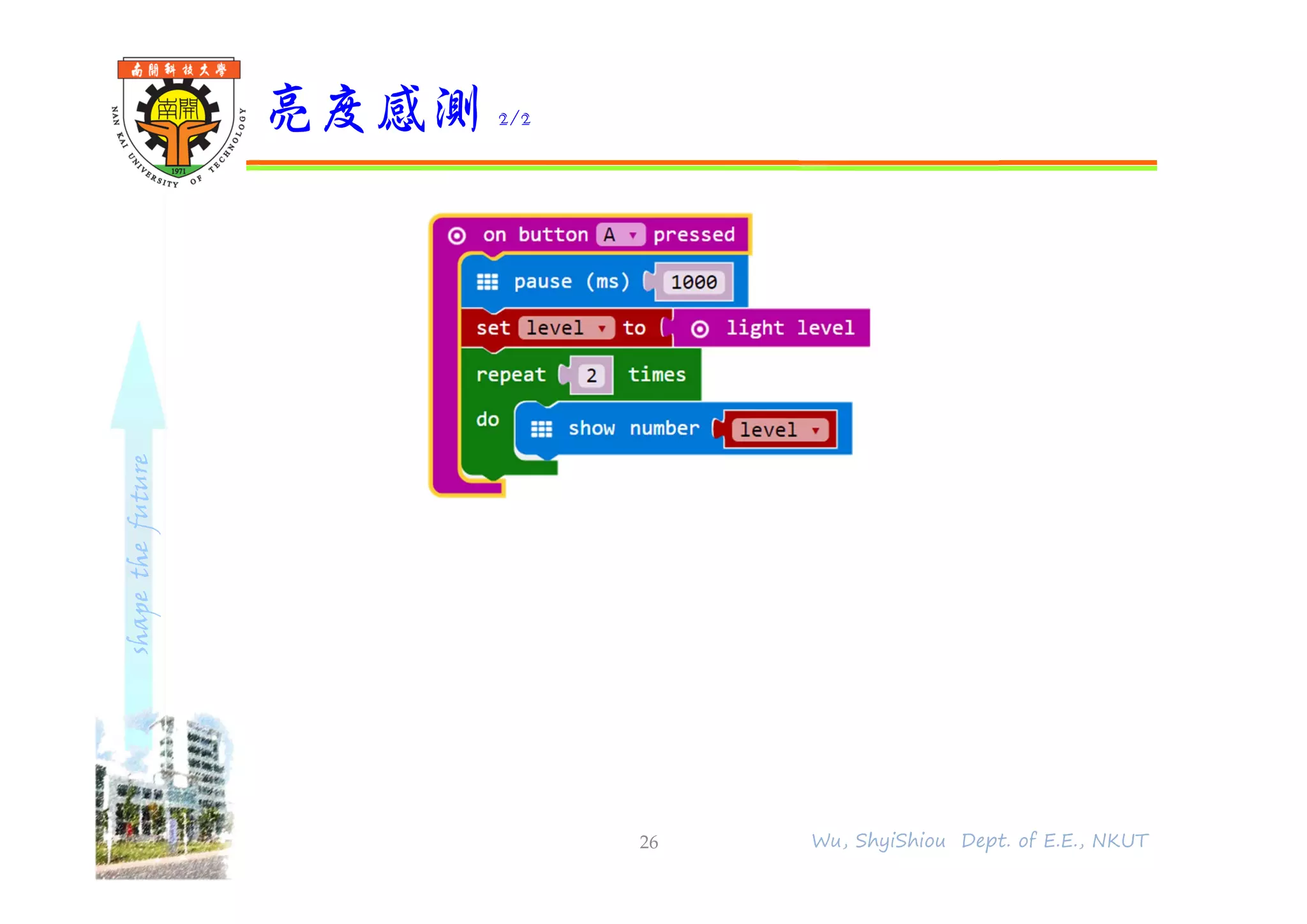 shapethefuture
亮度感測 2/2
26 Wu, ShyiShiou Dept. of E.E., NKUT
 