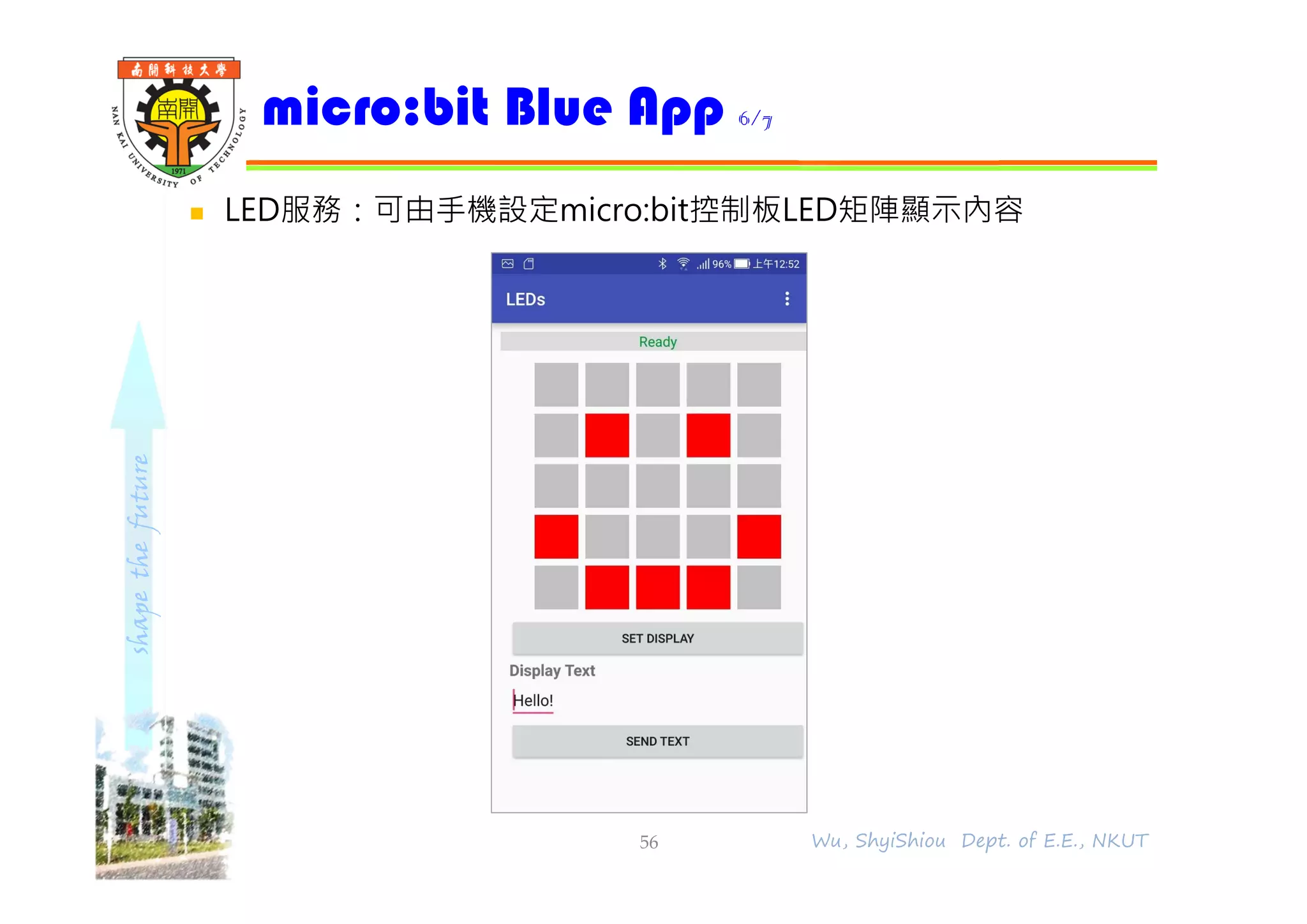 shapethefuture
 LED服務：可由⼿機設定micro:bit控制板LED矩陣顯示內容
micro:bit Blue App 6/7
56 Wu, ShyiShiou Dept. of E.E., NKUT
 