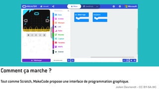 Comment ça marche ?
Tout comme Scratch, MakeCode propose une interface de programmation graphique.
Julien Devriendt - CC BY-SA-NC
 