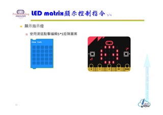  顯示指示燈
 使用滑鼠點擊編輯5*5矩陣圖案
LED matrix顯示控制指令 5/9
11
 