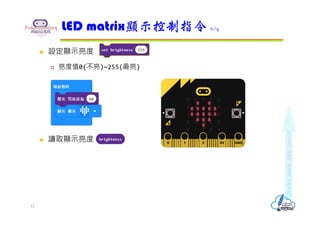  設定顯示亮度
 亮度值0(不亮)~255(最亮)
 讀取顯示亮度
LED matrix顯示控制指令 6/9
12
 