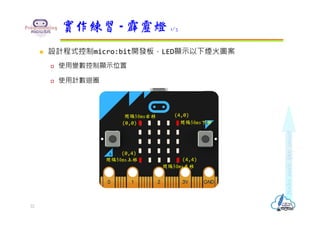  設計程式控制micro:bit開發板，LED顯示以下煙火圖案
 使用變數控制顯示位置
 使用計數迴圈
實作練習 - 霹靂燈 1/3
間隔50ms右移
間隔50ms下移
間隔50ms左移
間隔50ms上移
22
(0,0)
(4,0)
(4,4)
(0,4)
 