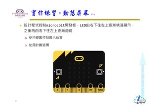  設計程式控制micro:bit開發板，LED由右下往左上逐漸填滿顯示，
之後再由右下往左上逐漸熄燈
 使用變數控制顯示位置
 使用計數迴圈
實作練習 - 動態屏幕 1/4
27
 