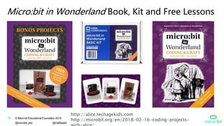 © Micro:bit Educational Foundation 2019
@microbit_edu @HalSpeed
15
Micro:bit in Wonderland Book, Kit and Free Lessons
http://alice.techagekids.com
http://microbit.org/en/2018-02-16-coding-projects-
 