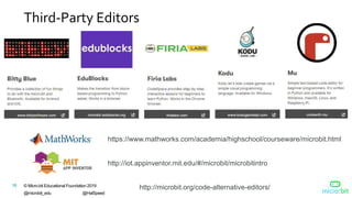 © Micro:bit Educational Foundation 2019
@microbit_edu @HalSpeed
18
Third-Party Editors
https://www.mathworks.com/academia/highschool/courseware/microbit.html
http://microbit.org/code-alternative-editors/
http://iot.appinventor.mit.edu/#/microbit/microbitintro
 
