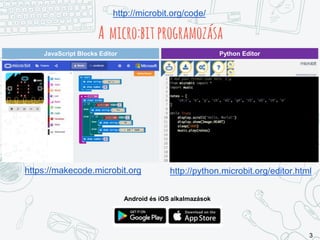 3
A micro:bitprogramozása
http://microbit.org/code/
JavaScript Blocks Editor Python Editor
https://makecode.microbit.org h...