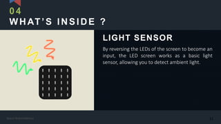 WHAT’S INSIDE ?
By reversing the LEDs of the screen to become an
input, the LED screen works as a basic light
sensor, allowing you to detect ambient light.
LIGHT SENSOR
04
11Kasun Rukmaldeniya
 
