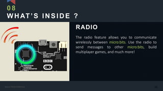 WHAT’S INSIDE ?
The radio feature allows you to communicate
wirelessly between micro:bits. Use the radio to
send messages to other micro:bits, build
multiplayer games, and much more!
RADIO
08
15Kasun Rukmaldeniya
 