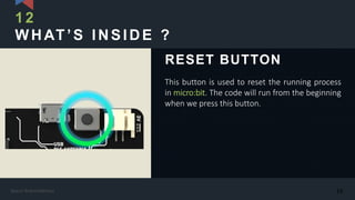 WHAT’S INSIDE ?
This button is used to reset the running process
in micro:bit. The code will run from the beginning
when we press this button.
RESET BUTTON
12
19Kasun Rukmaldeniya
 