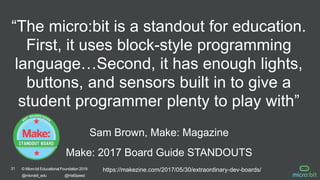 31 © Micro:bit Educational Foundation 2018
@microbit_edu @HalSpeed
“The micro:bit is a standout for education.
First, it uses block-style programming
language…Second, it has enough lights,
buttons, and sensors built in to give a
student programmer plenty to play with”
Sam Brown, Make: Magazine
Make: 2017 Board Guide STANDOUTS
https://makezine.com/2017/05/30/extraordinary-dev-boards/
 