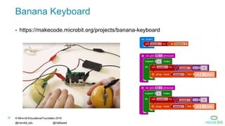 © Micro:bit Educational Foundation 2018
@microbit_edu @HalSpeed
37
Banana Keyboard
 https://makecode.microbit.org/projects/banana-keyboard
 