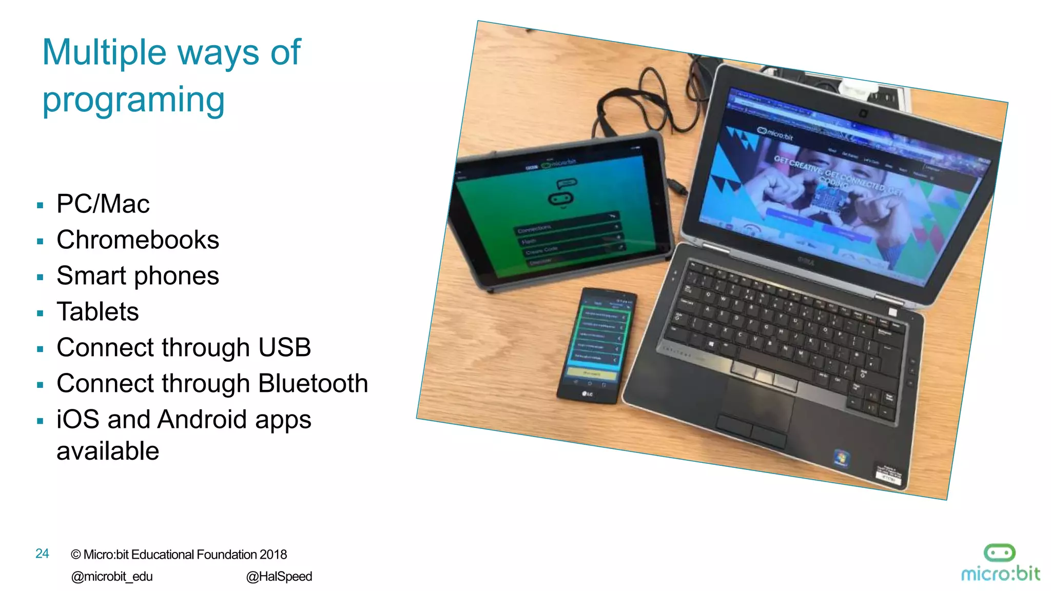 © Micro:bit Educational Foundation 2018
@microbit_edu @HalSpeed
24
 PC/Mac
 Chromebooks
 Smart phones
 Tablets
 Connect through USB
 Connect through Bluetooth
 iOS and Android apps
available
Multiple ways of
programing
 