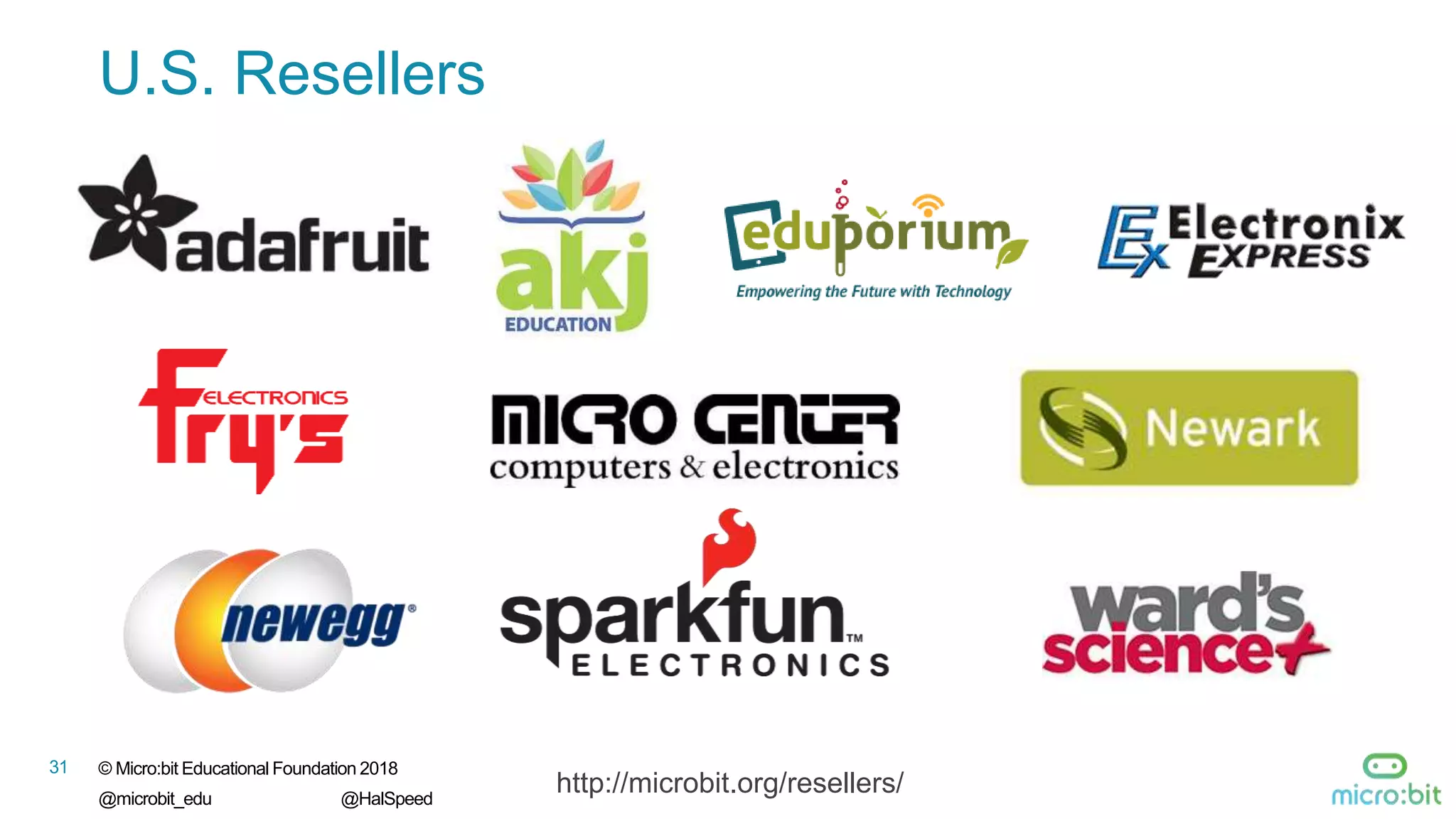 31 © Micro:bit Educational Foundation 2018
@microbit_edu @HalSpeed
U.S. Resellers
http://microbit.org/resellers/
 