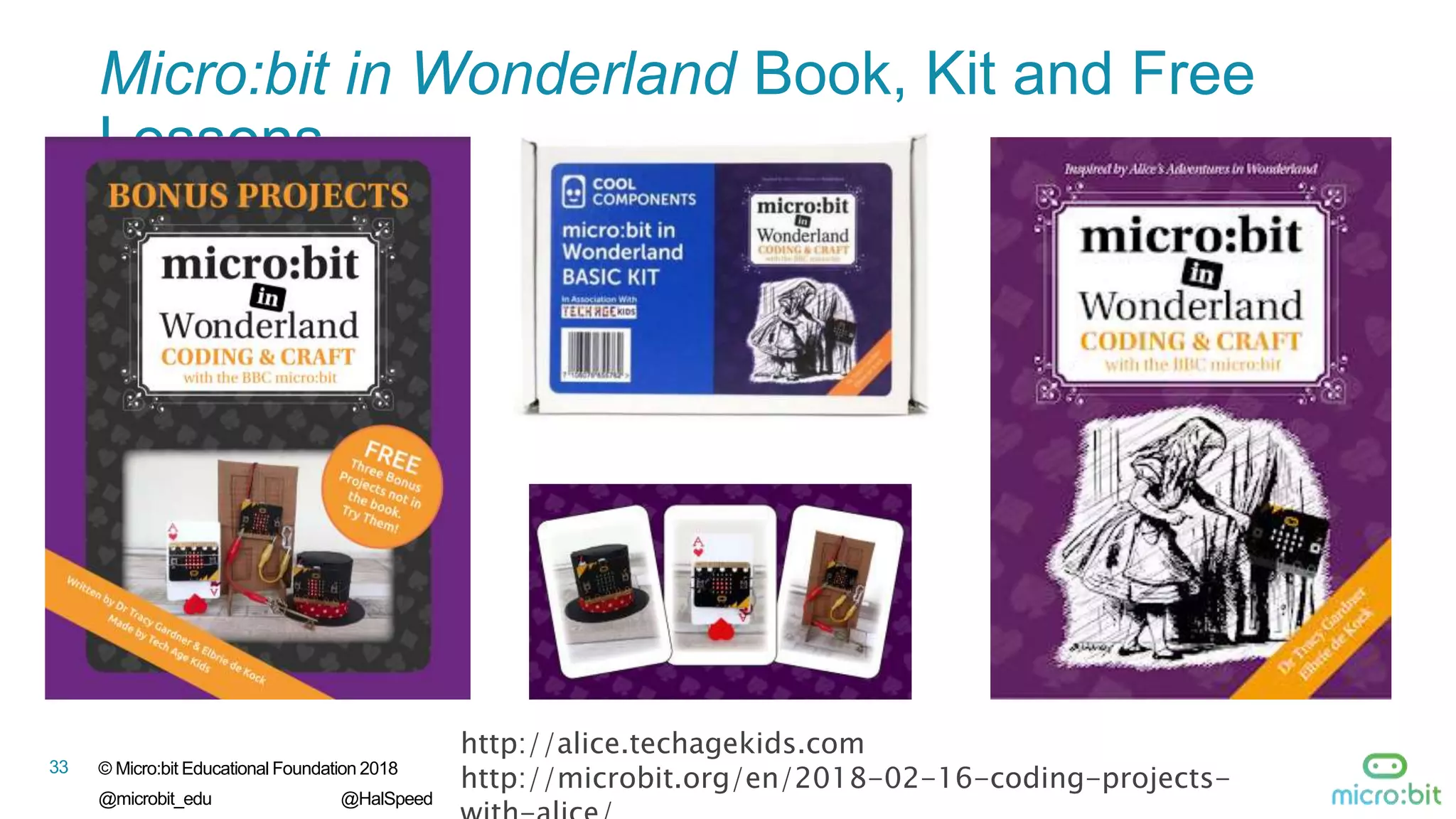 33 © Micro:bit Educational Foundation 2018
@microbit_edu @HalSpeed
Micro:bit in Wonderland Book, Kit and Free
Lessons
http://alice.techagekids.com
http://microbit.org/en/2018-02-16-coding-projects-
 