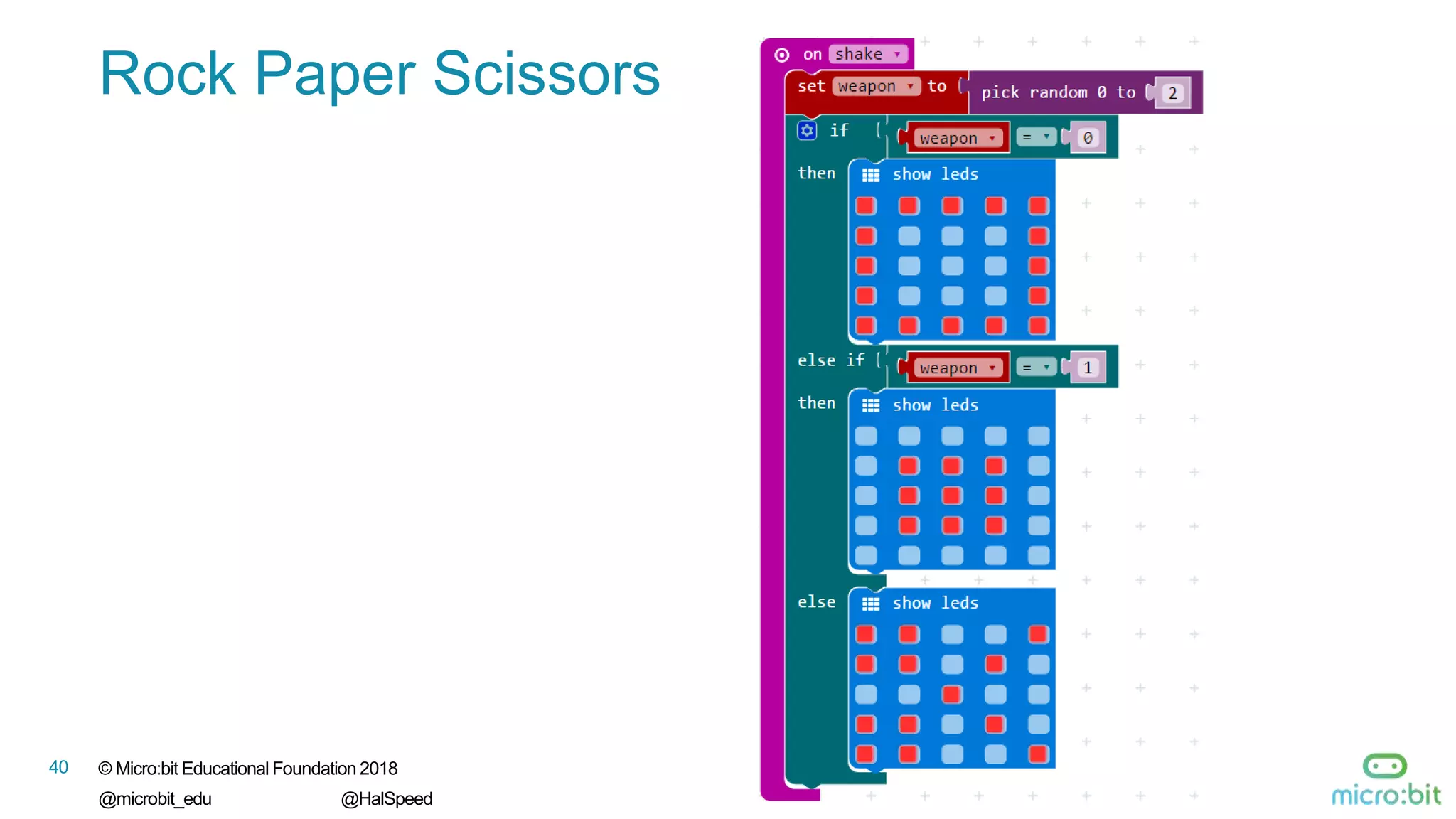 © Micro:bit Educational Foundation 2018
@microbit_edu @HalSpeed
40
Rock Paper Scissors
 