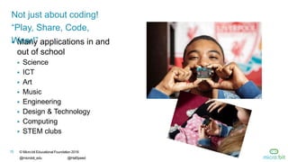 © Micro:bit Educational Foundation 2018
@microbit_edu @HalSpeed
15
 Many applications in and
out of school
 Science
 ICT
 Art
 Music
 Engineering
 Design & Technology
 Computing
 STEM clubs
Not just about coding!
“Play, Share, Code,
Wear!”
 