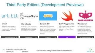 21 © Micro:bit Educational Foundation 2018
@microbit_edu @HalSpeed
Third-Party Editors (Development Previews)
http://microbit.org/code-alternative-editors/
 