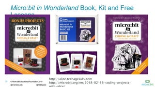 33 © Micro:bit Educational Foundation 2018
@microbit_edu @HalSpeed
Micro:bit in Wonderland Book, Kit and Free
Lessons
http://alice.techagekids.com
http://microbit.org/en/2018-02-16-coding-projects-
 